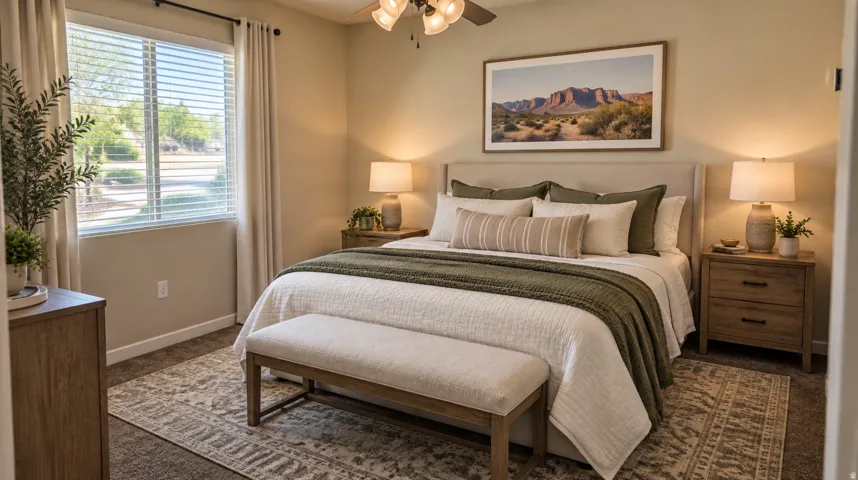 Neutral-toned walls, recessed lighting, ceiling fan with light fixture, window with blinds, and durable carpeting
