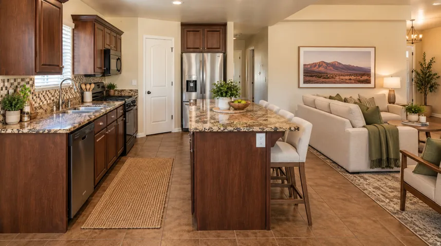 Open-concept living area featuring a kitchen with wood cabinetry, granite countertops, tile backsplash, and stainless steel appliances
