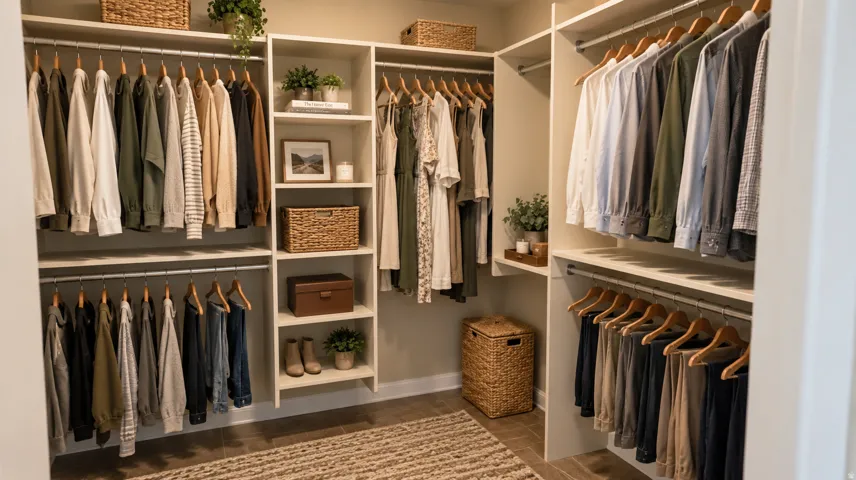 Built-in custom closet system featuring multiple hanging rods, integrated shelving, and dedicated shoe storage