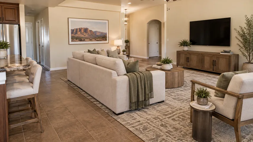 Tiled flooring throughout, an arched doorway, and built-in entertainment console