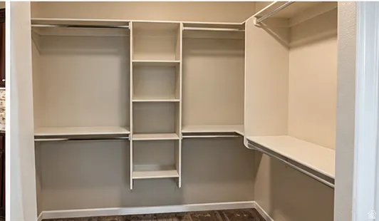 Built-in shelving, multiple hanging rods, and wood-finish flooring