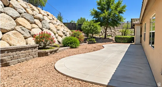 Curved concrete patio with a retaining wall featuring natural stone elements and established landscaping