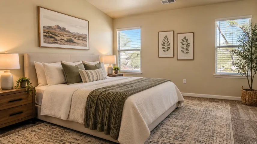 Carpeted room with multiple windows providing natural illumination