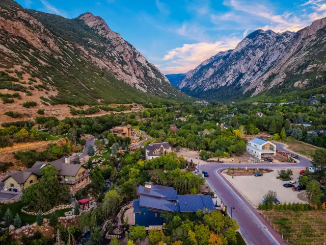 Mountain valley setting featuring a residential area with diverse architectural styles