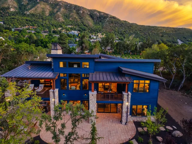 Contemporary architectural design featuring a bold blue exterior with a dark metal roof