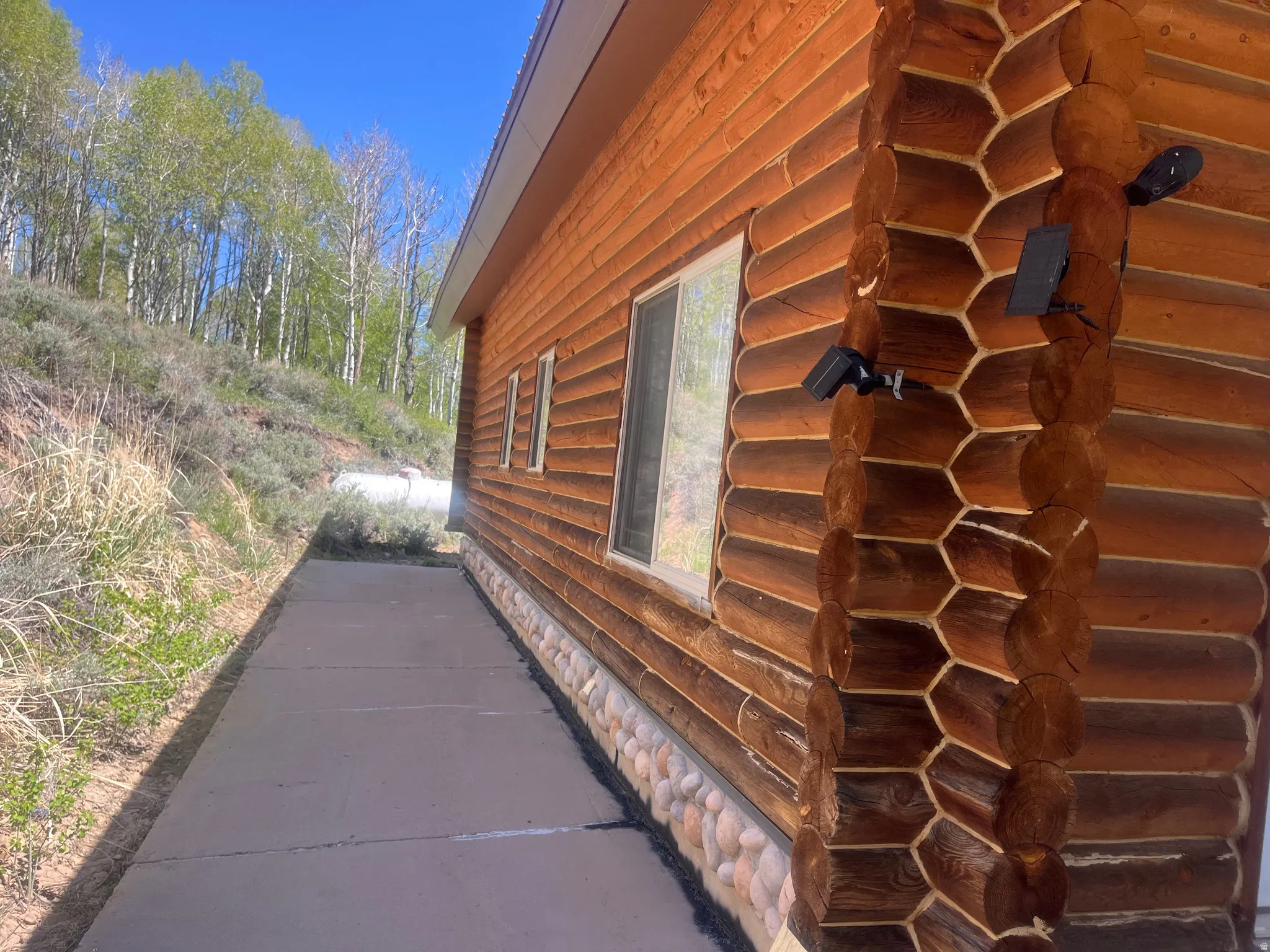 Log-style exterior featuring a concrete walkway, stone foundation accent, and white-framed windows