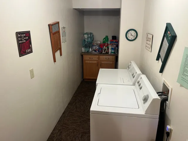 Dedicated laundry area featuring a white top-load washing machine and dryer, wood-finish cabinetry, a built-in countertop, and patterned carpet flooring