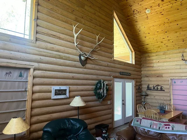 Vaulted wood-paneled ceiling with exposed log walls