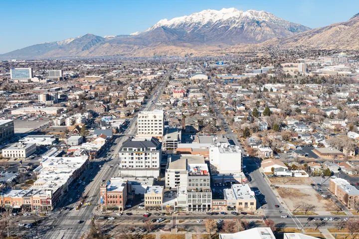 Urban landscape featuring a prominent mountain backdrop