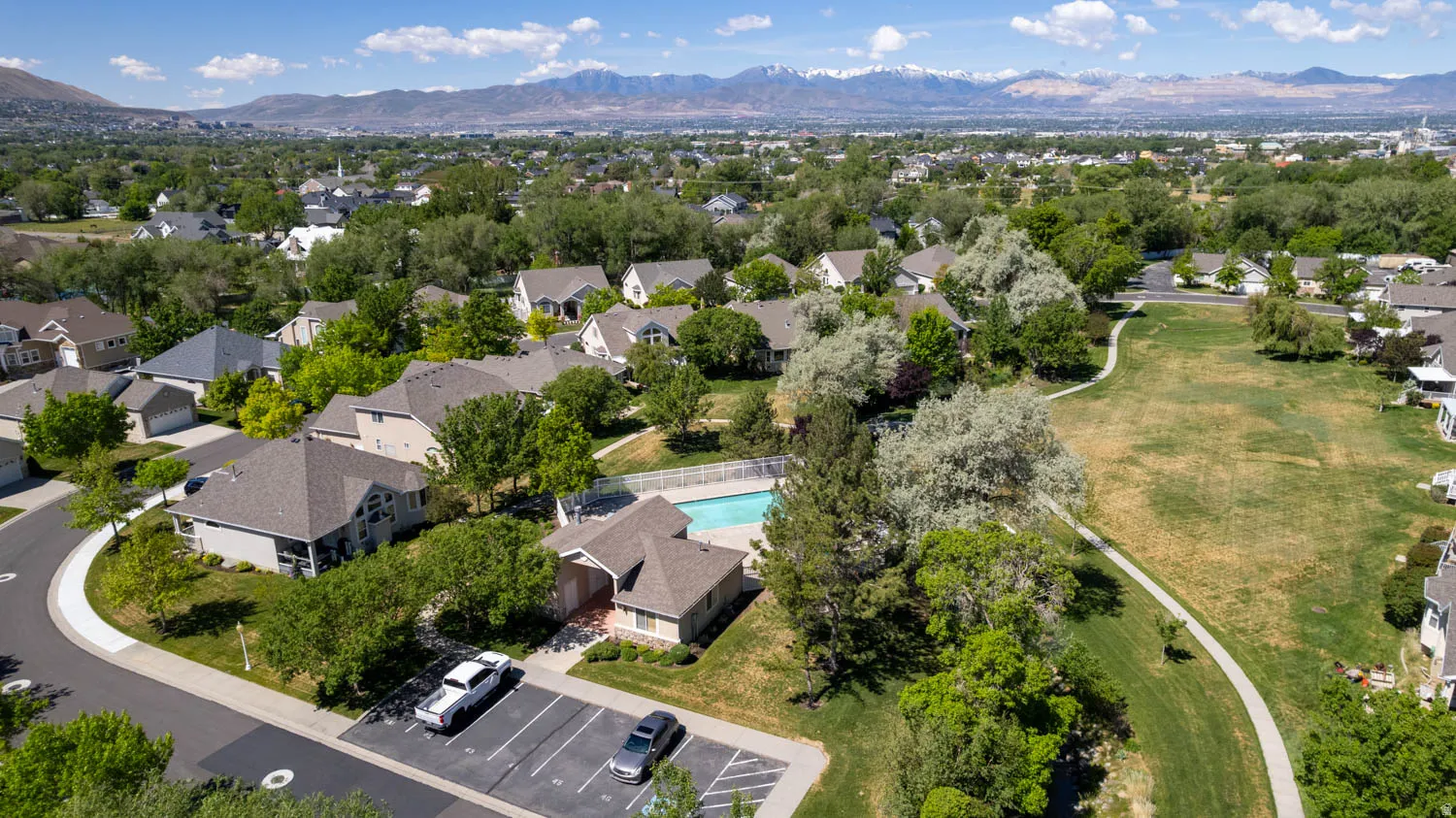 Aerial perspective of a residential community with varied architectural styles