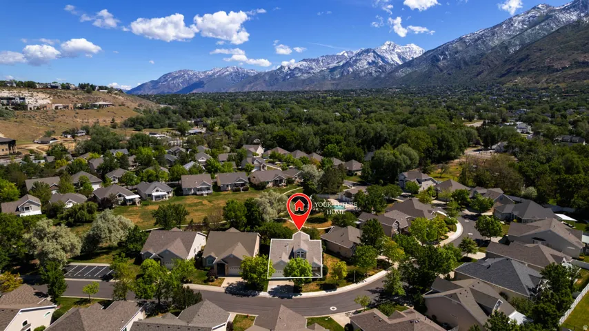 Aerial view showcasing a residential neighborhood with varied architectural styles and mature trees, set against a backdrop of snow-capped mountains and expansive green hills