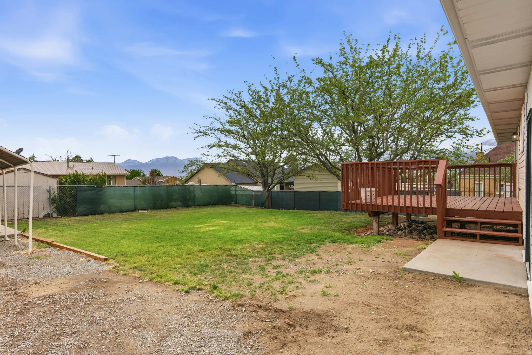 Expansive backyard featuring a wood deck, concrete patio, partial lawn, and mature trees