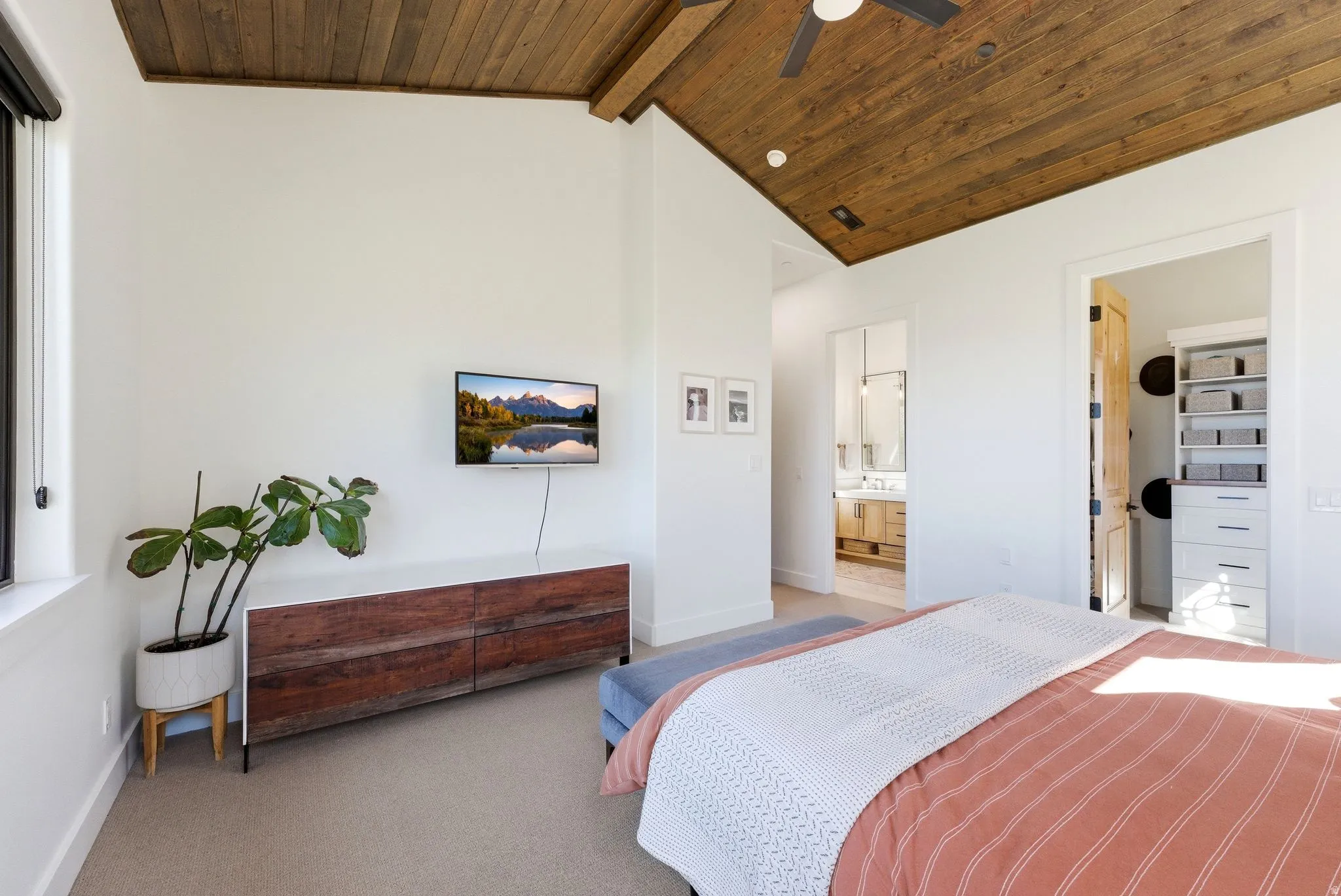 Vaulted wood-finish ceiling with a ceiling fan