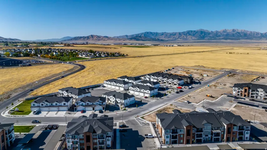 Aerial perspective showcasing a developing residential community
