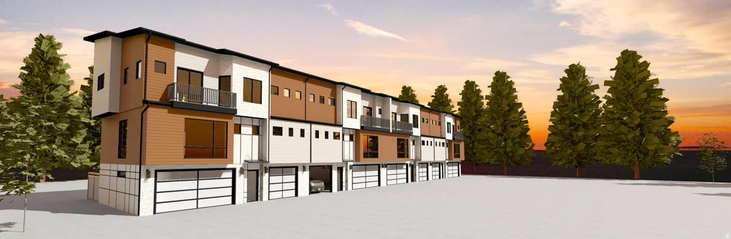 Modern multi-story townhome development featuring a contemporary facade
