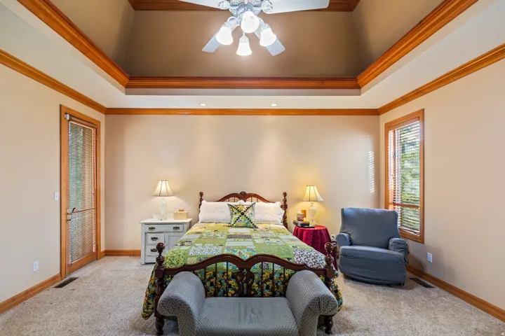 Carpeted bedroom with crown molding, a ceiling fan, a raised ceiling, and suspended lighting