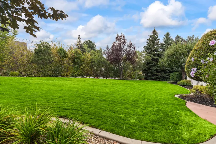 View of green lawn featuring view of scattered trees