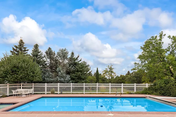 View of pool featuring patio surround and view of scattered trees