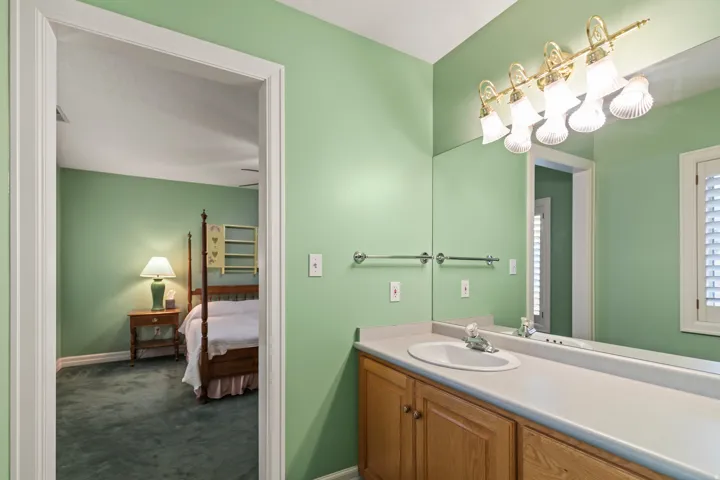Ensuite bathroom with vanity and dark colored carpet