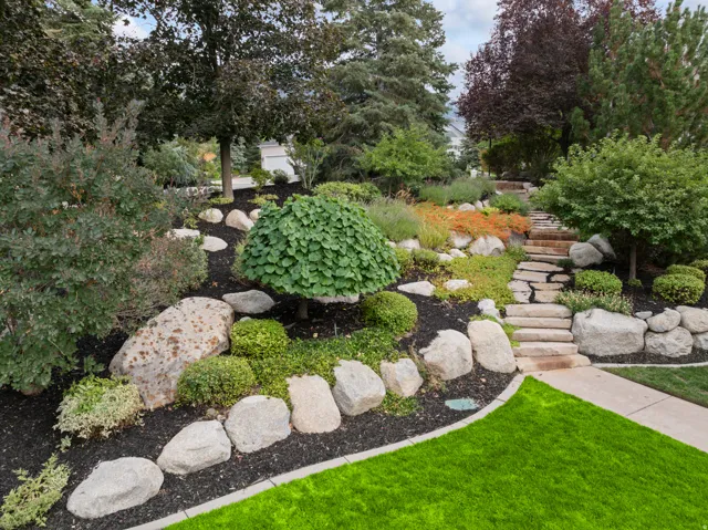 View of green lawn with stairs