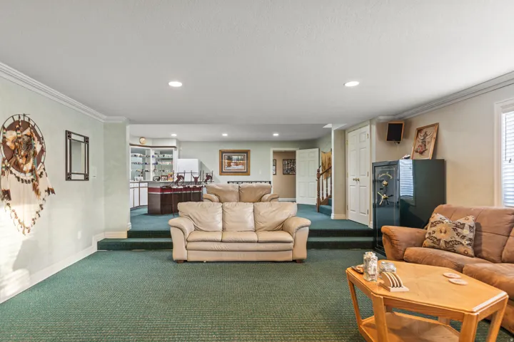 Living area with crown molding, recessed lighting, carpet, and a textured ceiling