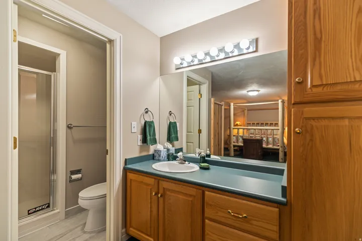 Full bathroom featuring vanity and a shower stall