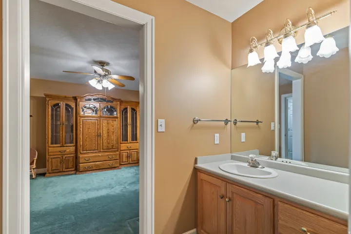 Bathroom with vanity, a ceiling fan, and dark colored carpet