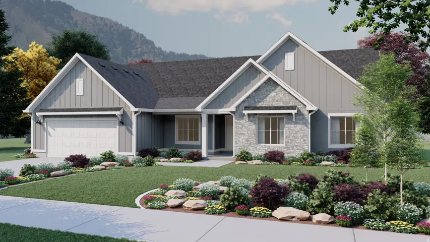 Modern transitional residence featuring a stone and siding exterior, a two-car garage, and a charcoal shingle roof