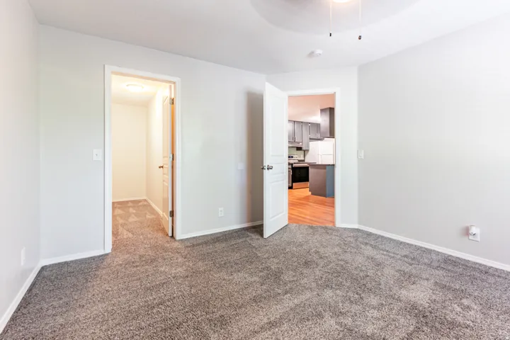 Spacious interior room featuring light gray walls, plush gray carpeting, and white baseboards