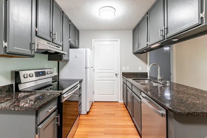 Galley kitchen featuring wood-finish flooring, dark stone countertops, and gray cabinetry