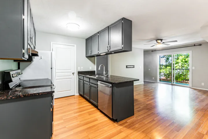 Kitchen featuring dark cabinetry, granite-finish countertops, and stainless steel appliances