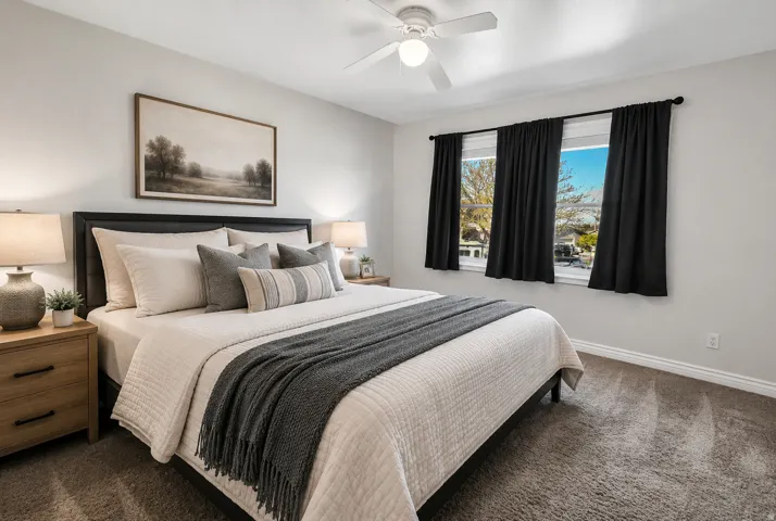 North East Bedroom featuring carpet flooring, triple windows with dark curtain rods, and a white ceiling fan with integrated lighting