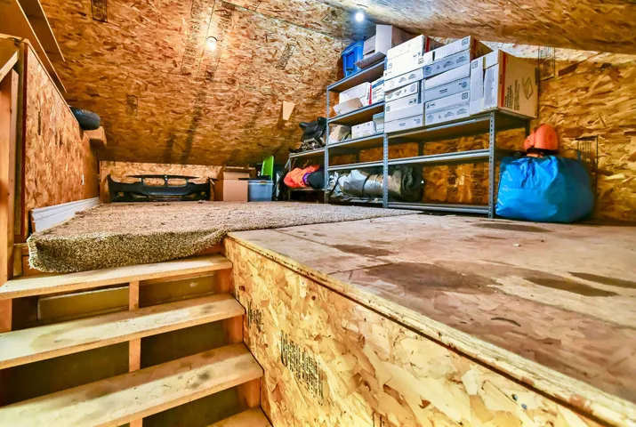 Upper-level storage area featuring wood-finish walls and ceiling, carpeted flooring on a raised platform, and built-in shelving