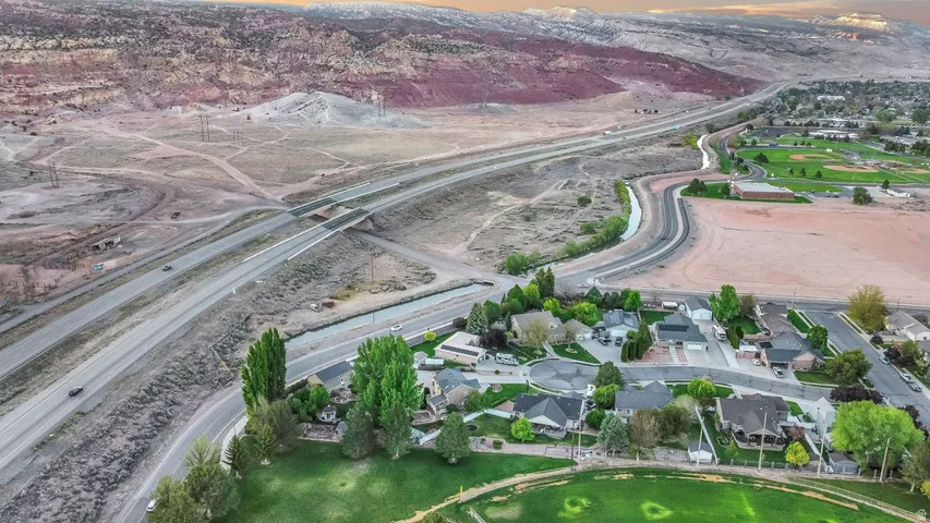 Aerial perspective featuring a residential area with varied housing styles