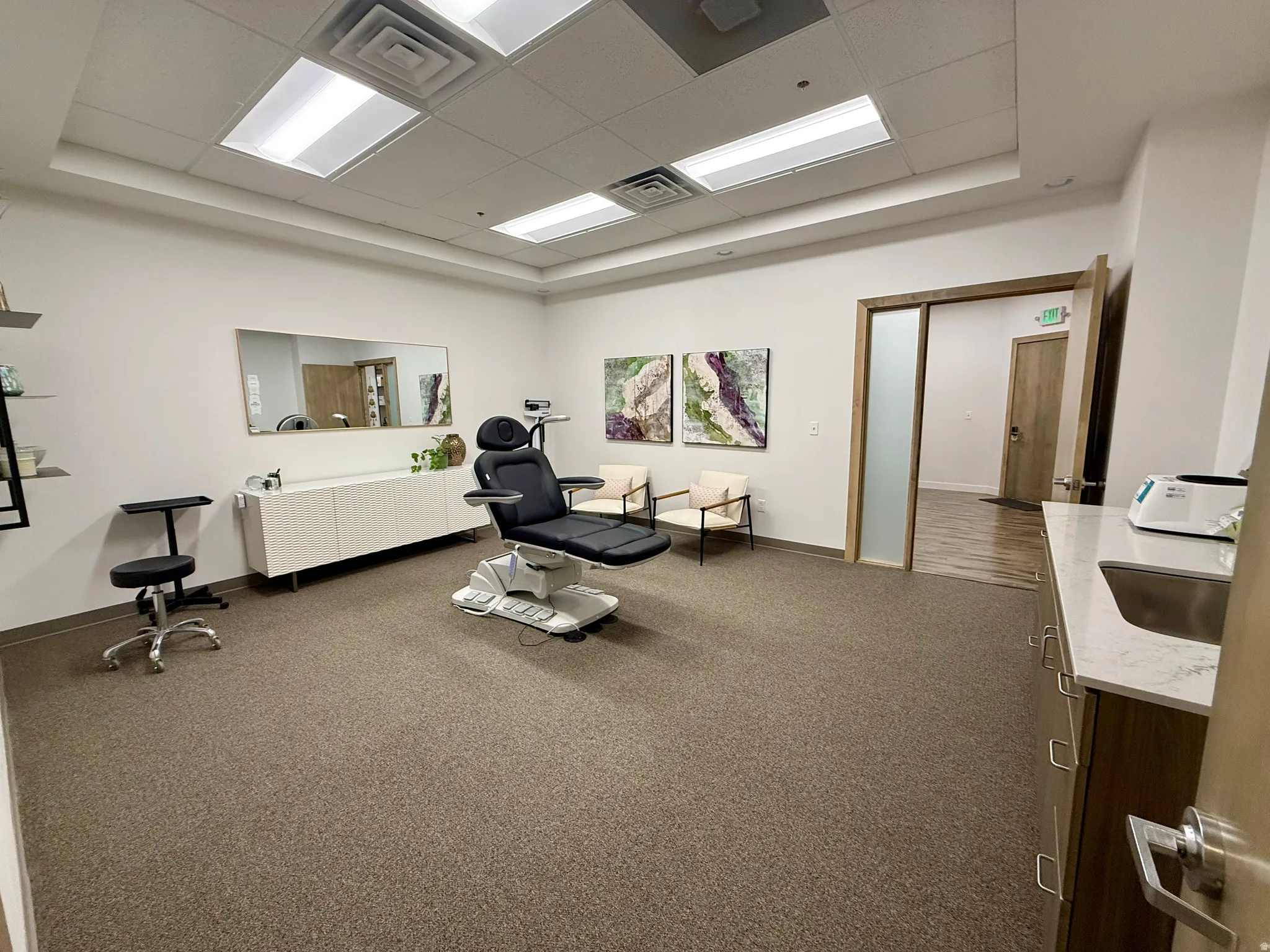 Spacious interior featuring recessed lighting, textured carpet flooring, wood-finish doors, and a built-in counter with a stainless steel sink