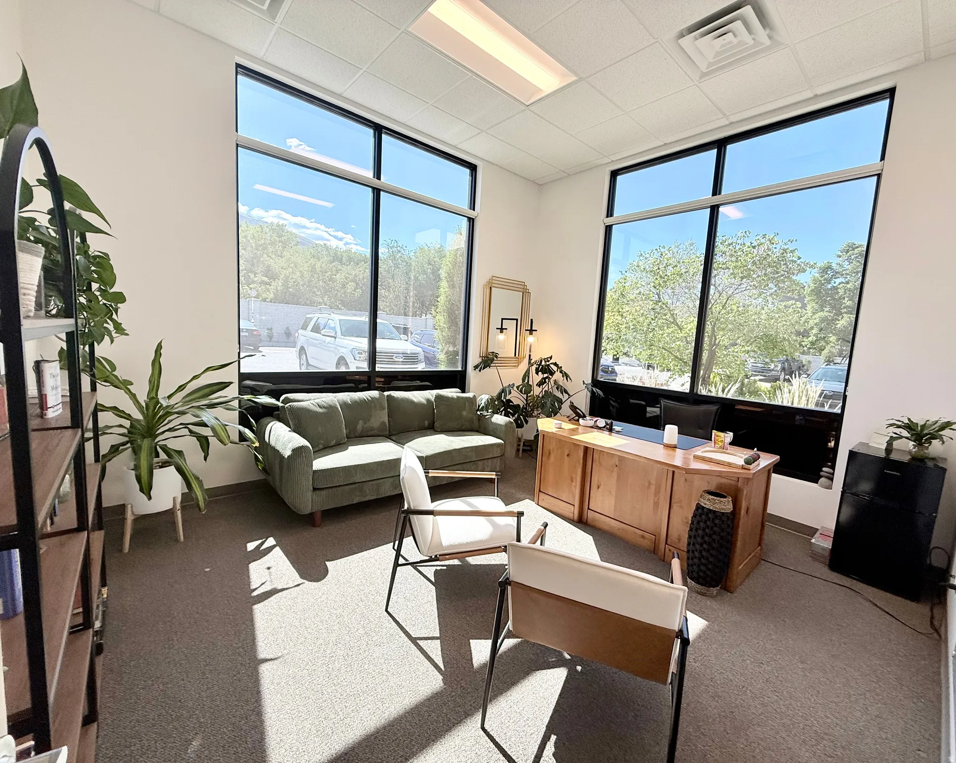 Carpeted interior space featuring large, multi-pane windows providing abundant illumination