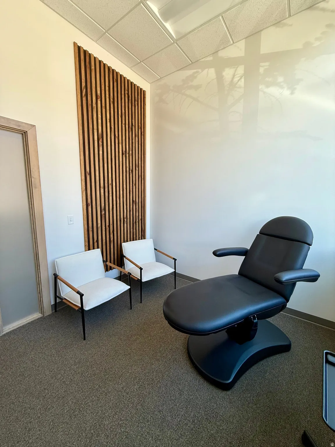 Textured carpet flooring complementing a full-height wood slat accent wall
