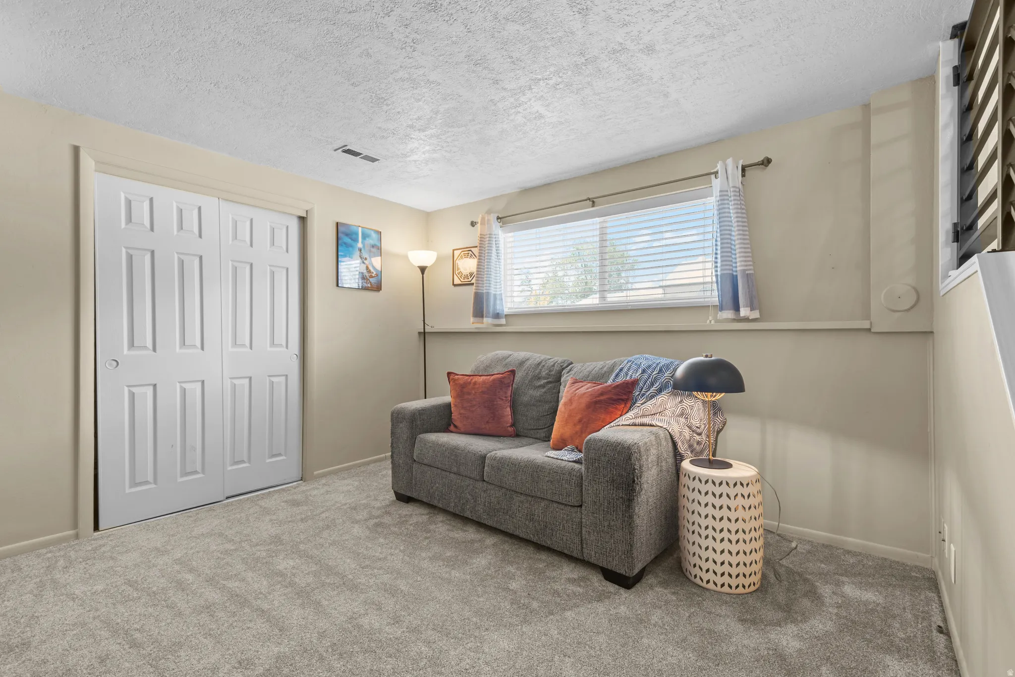 Carpeted room featuring a large window with horizontal blinds, neutral wall tones, and textured ceilings