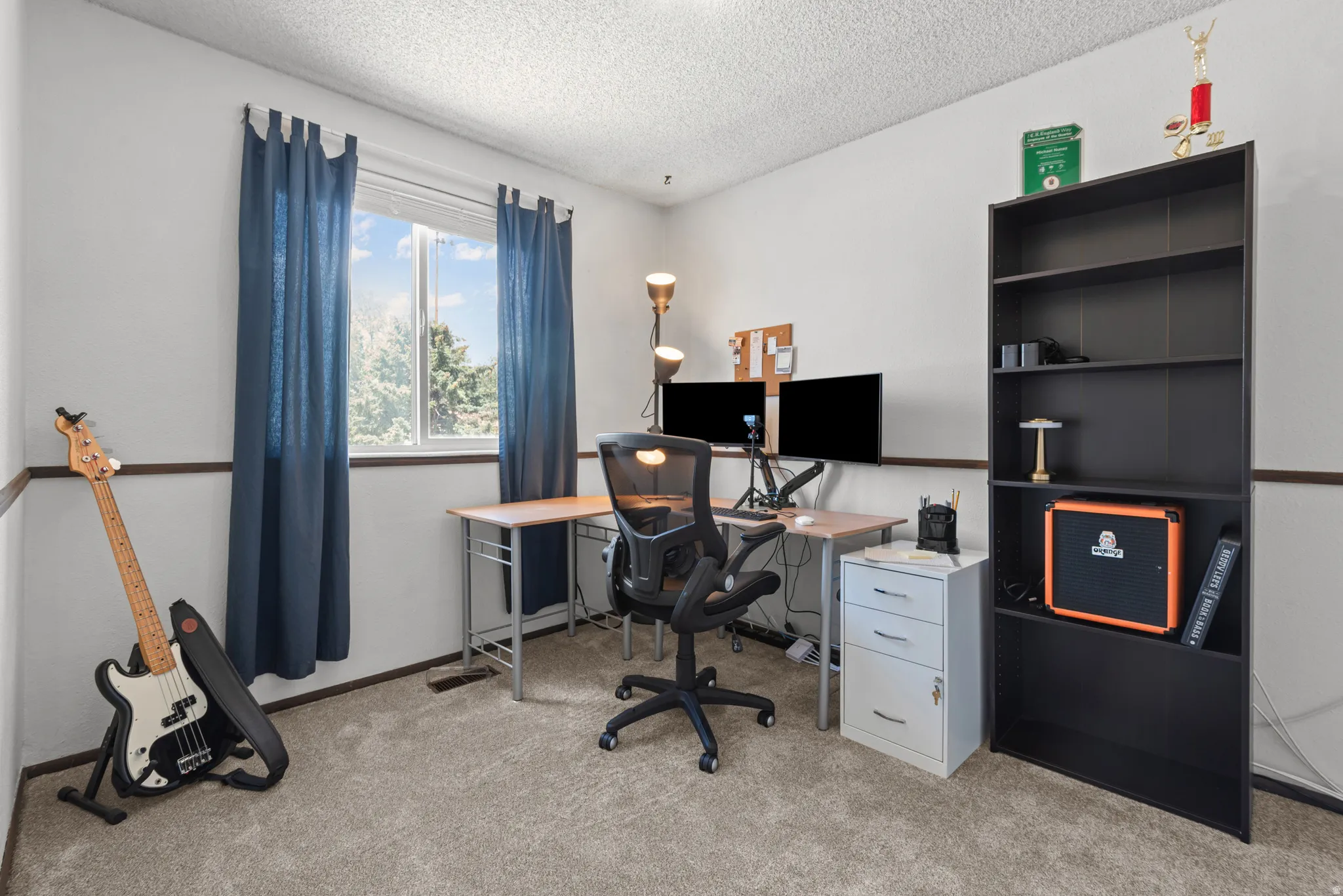 Carpeted room featuring a single window with blue drapes, a two-tone wall treatment, and a dark built-in shelving unit