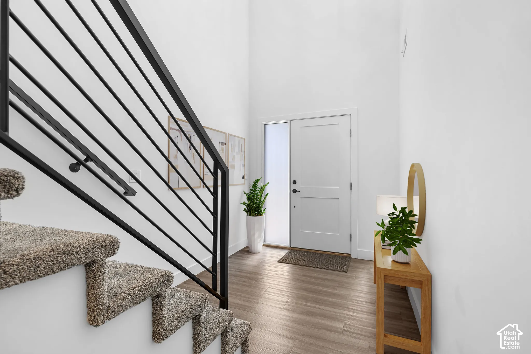 Two-panel entry door with sidelight, wood-finish flooring, two-story ceiling, and metal-railed staircase