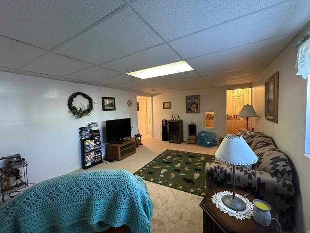 Carpeted living area featuring a drop ceiling with recessed lighting