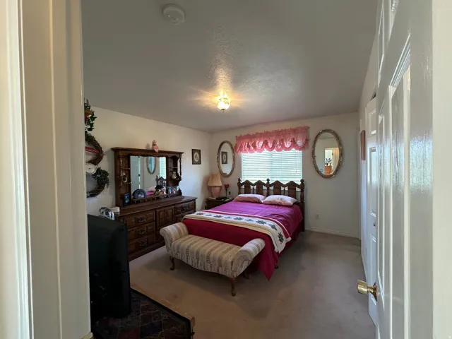 Carpeted room with a ceiling-mounted light fixture