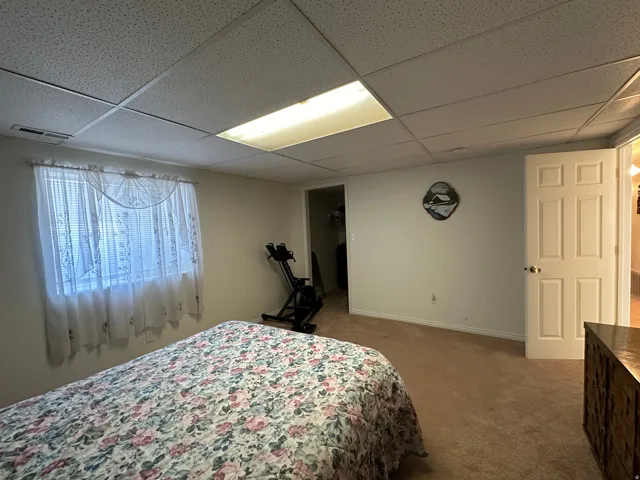 Room featuring soft neutral wall paint, light-colored carpeting, a drop ceiling with integrated fluorescent lighting, and a window with horizontal blinds