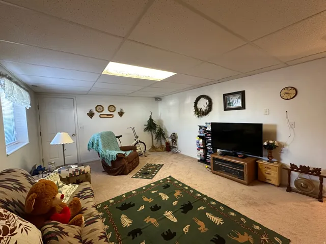 Carpeted room with a drop ceiling and recessed lighting