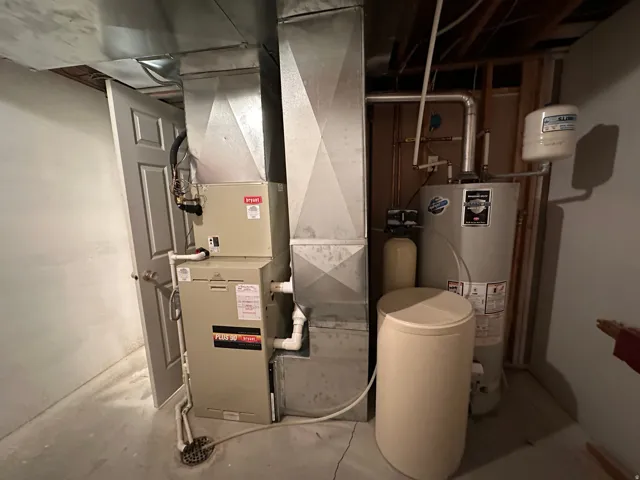 Mechanical systems area featuring a furnace, water heater, and water treatment system