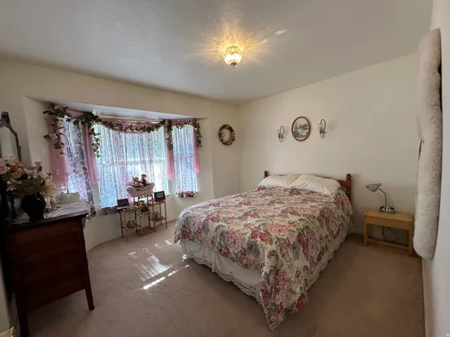Spacious room featuring light-colored carpeting, a recessed bay window, and a ceiling-mounted light fixture