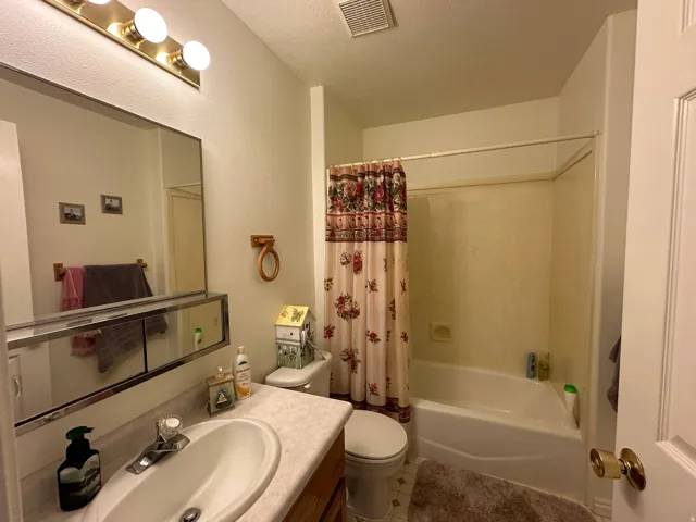 Bathroom featuring a vanity with an integrated sink, a large wall-mounted mirror, overhead lighting, a toilet, and a bathtub with a shower