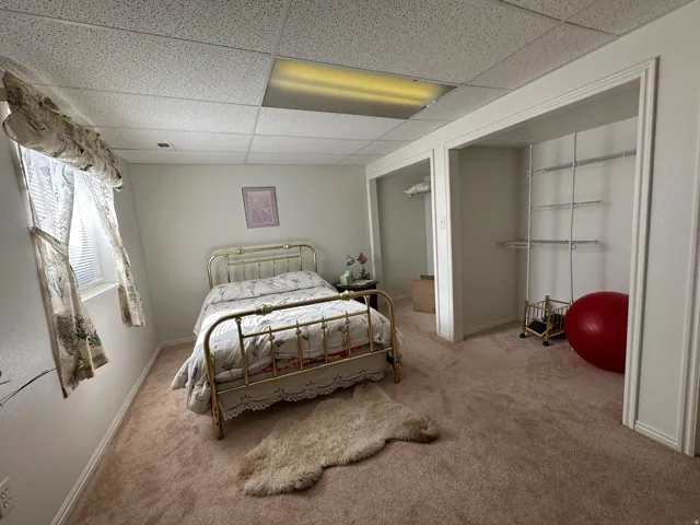 Carpeted interior space with a window featuring blinds, a drop ceiling with recessed lighting, and two open archways