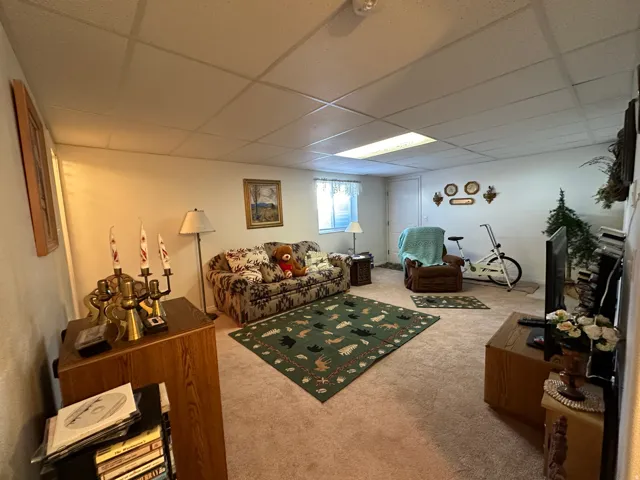 Carpeted room with a drop ceiling and white walls