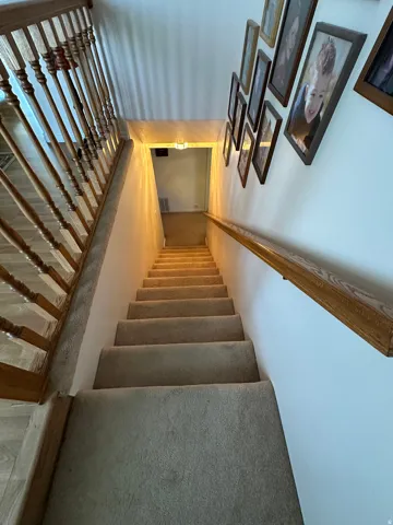 Carpeted staircase with wood handrails, balusters, and newel posts